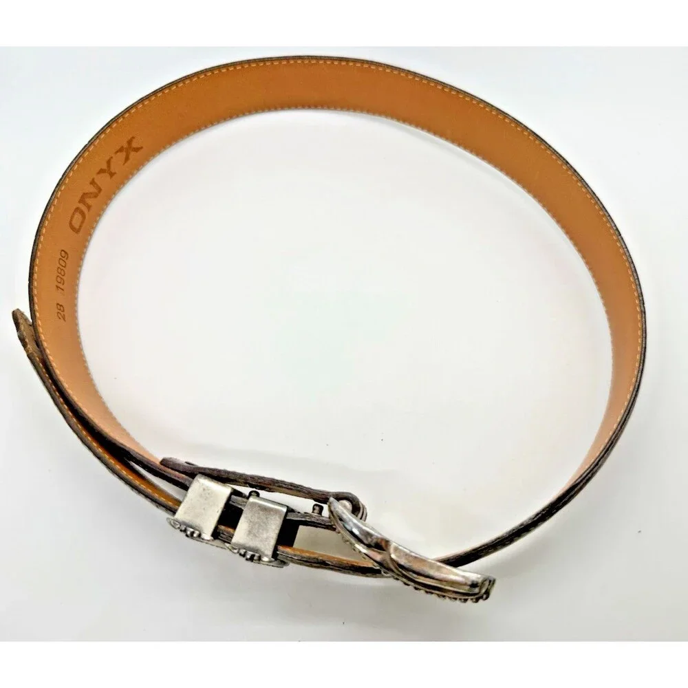 Onyx by Brighton Leather Belt Size 28 Brown 1993 Western 19809 Ornate‎ Buckle